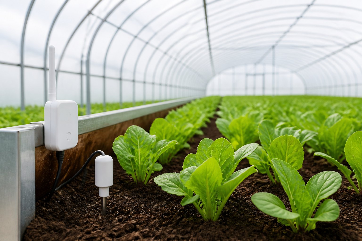 A soil moisture probe in a raised bed inside a poly-tunnel greenhouse