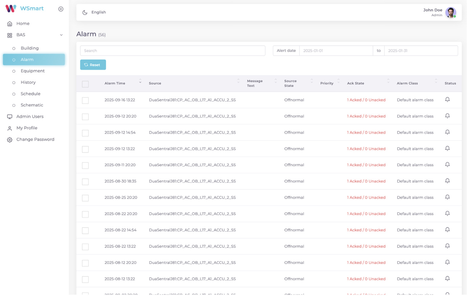 WSmart dashboard Alarm list showing searchable alarm history with acknowledgment state