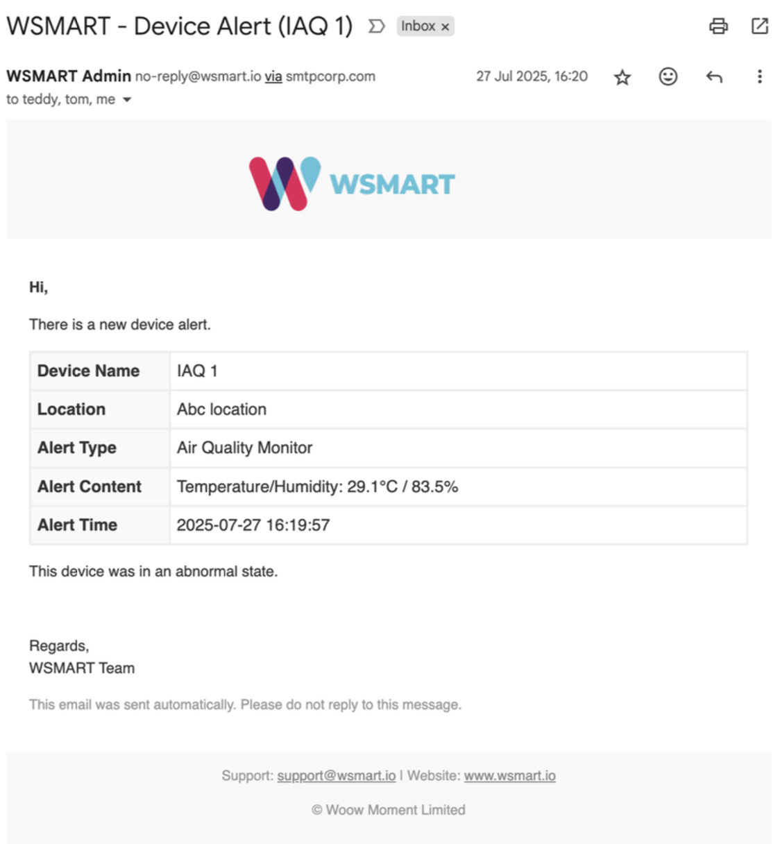 WSMART device alert email with device name, location, alert type, content and time