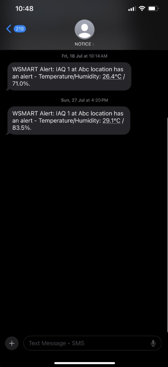 SMS thread with WSMART temperature and humidity device alerts from NOTICE