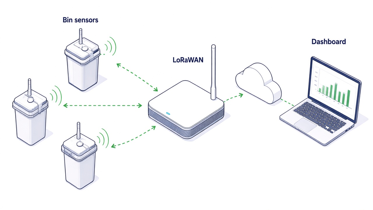 Rubbish bin monitoring — lid distance sensors to LoRaWAN gateway to fill-level dashboard