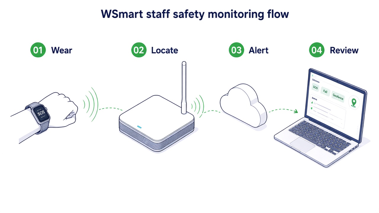 Staff safety monitoring — wearable SOS to LoRaWAN gateway to cloud dashboard with SOS, fall and geofence alerts