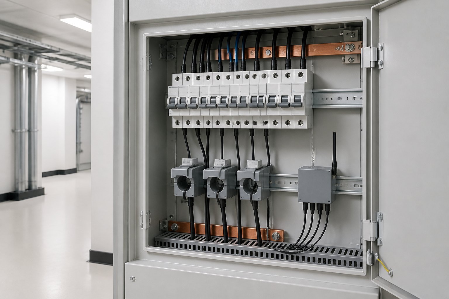 Building electrical switchboard with wireless BMS monitoring sensors