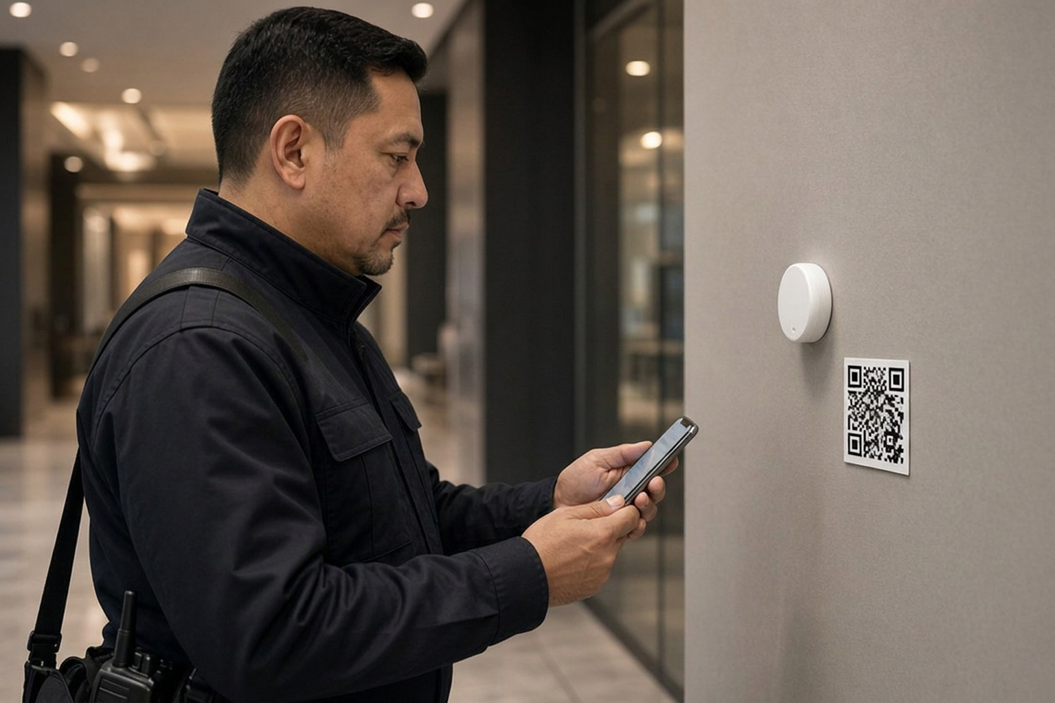 Security officer checking a wall-mounted iBeacon and QR checkpoint with a tablet