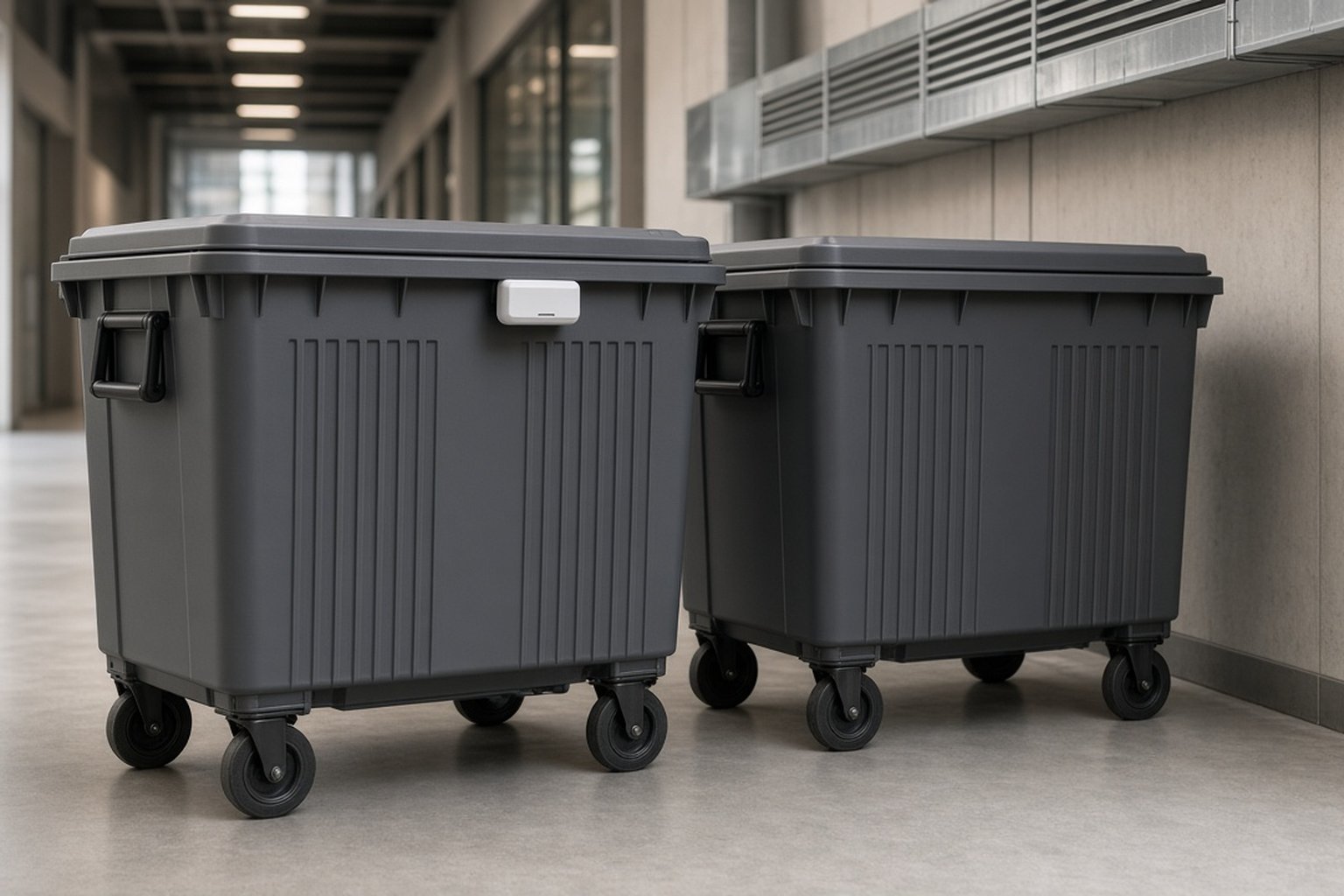 Commercial waste bins with a wireless fill-level sensor in a service corridor