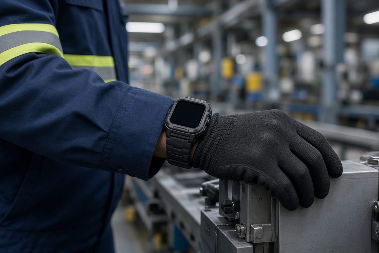 Industrial worker wearing a rugged safety smartwatch on the factory floor