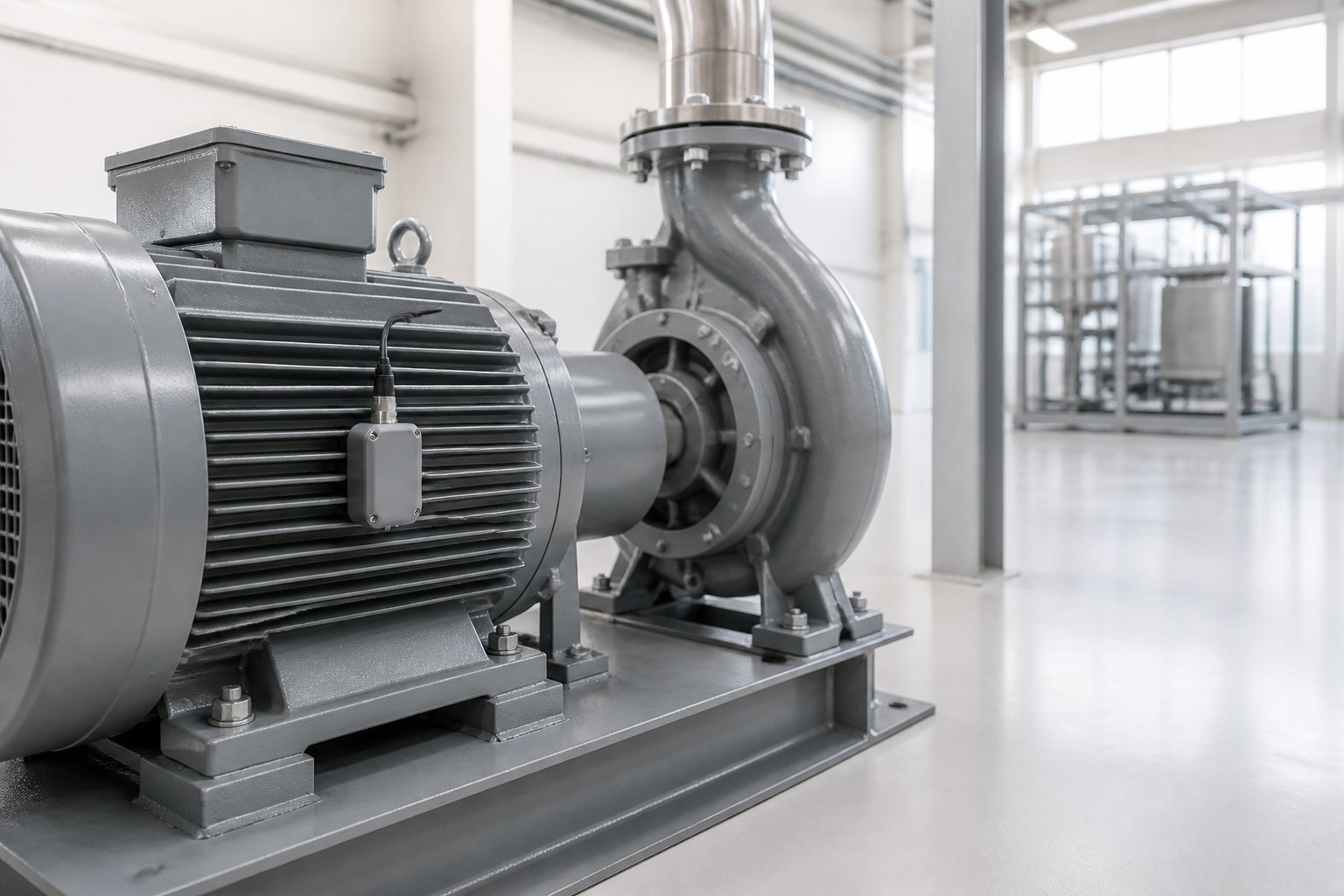 A wireless vibration sensor bolted to the housing of an industrial motor