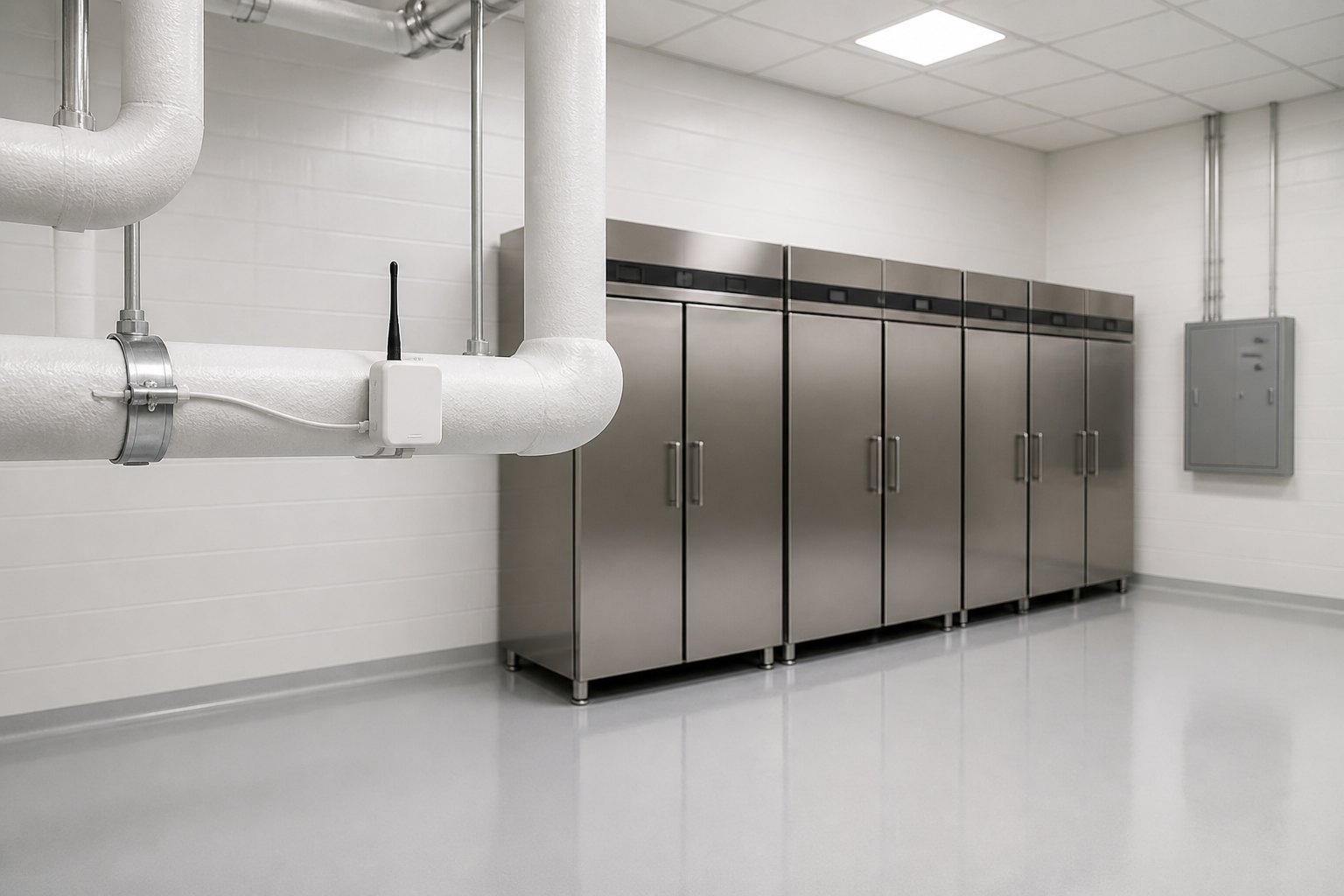 Wireless sensor on insulated pipework beside commercial refrigeration units in a cold-storage room