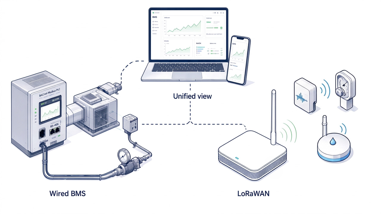 BMS retrofit — wired BACnet/Modbus with LoRaWAN wireless sensors into WSmart platform