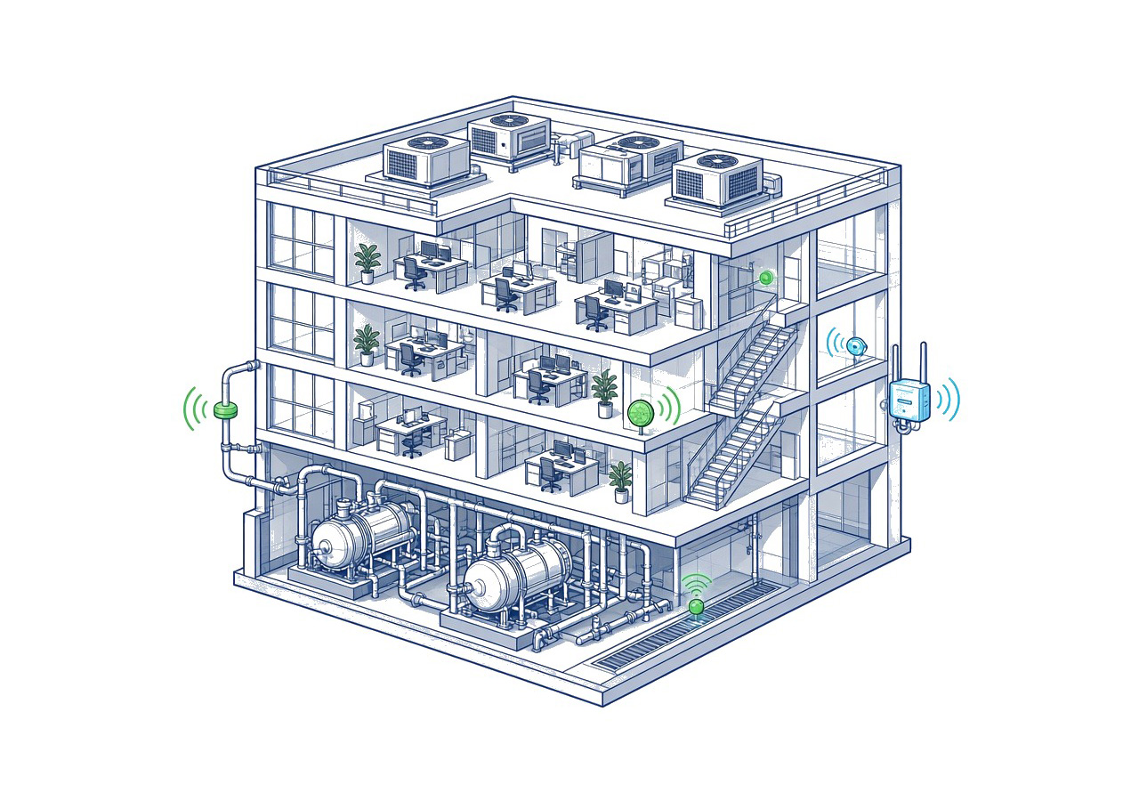 Building cutaway with IoT sensors, edge gateway and corner live metrics