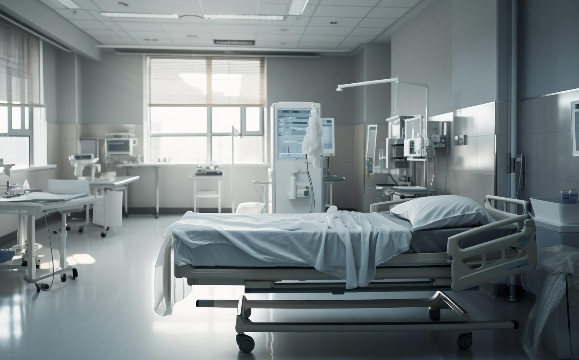 Empty modern hospital room with a patient bed and bedside monitoring equipment