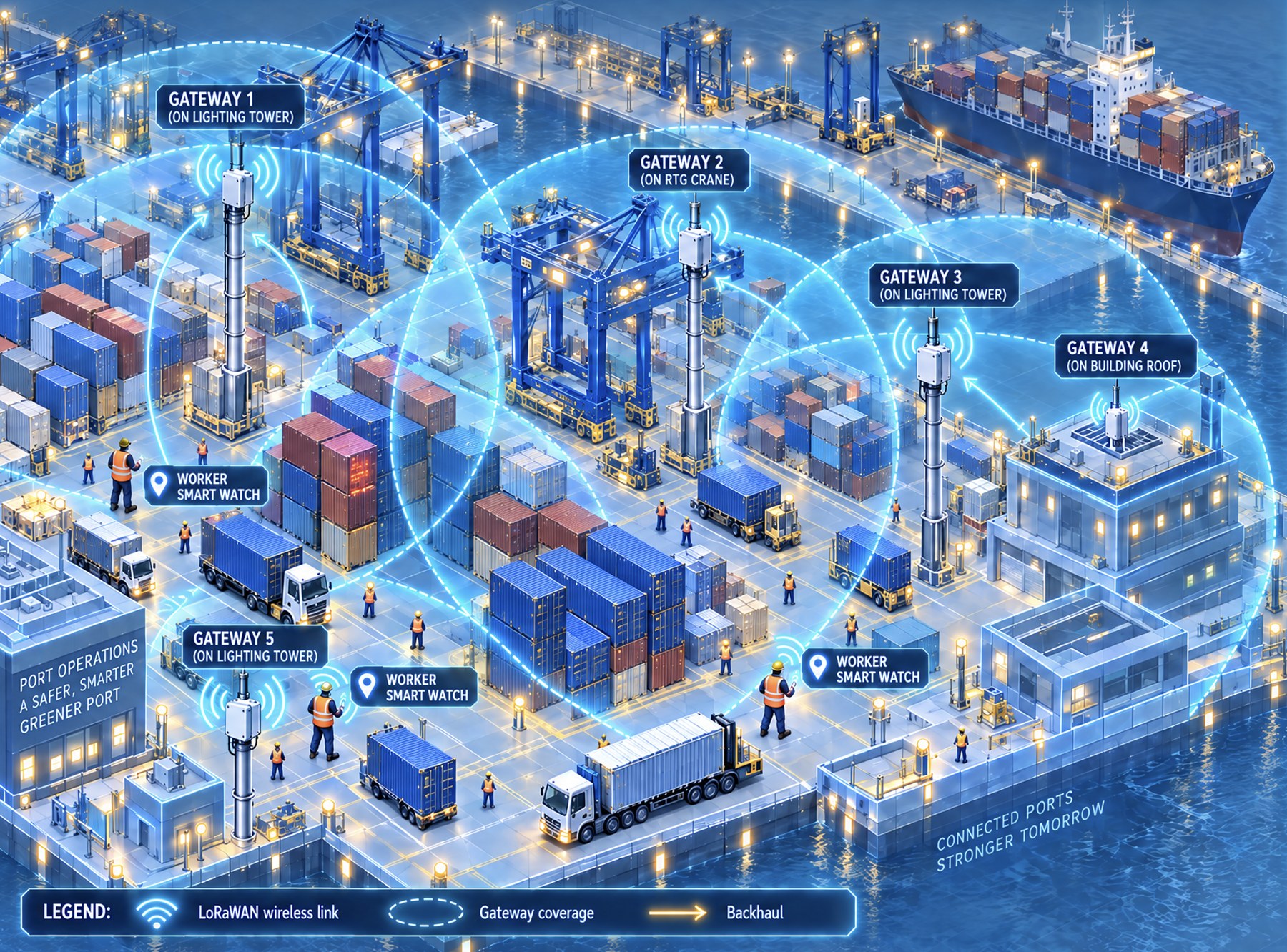 LoRaWAN port network diagram — gateways, coverage, worker smart watches and backhaul across the yard