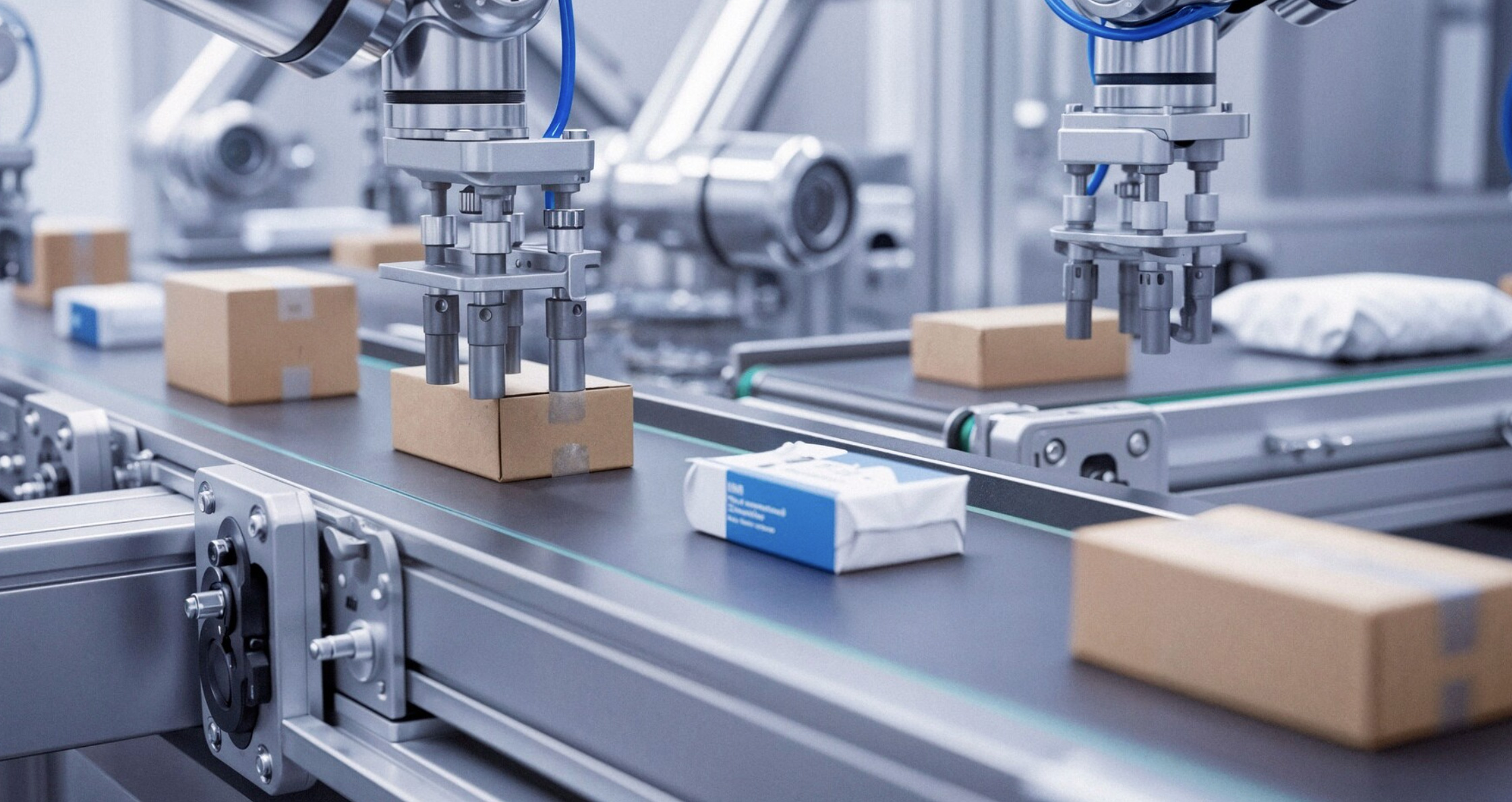 Industrial robotic arms sorting packages on conveyor belts in a factory
