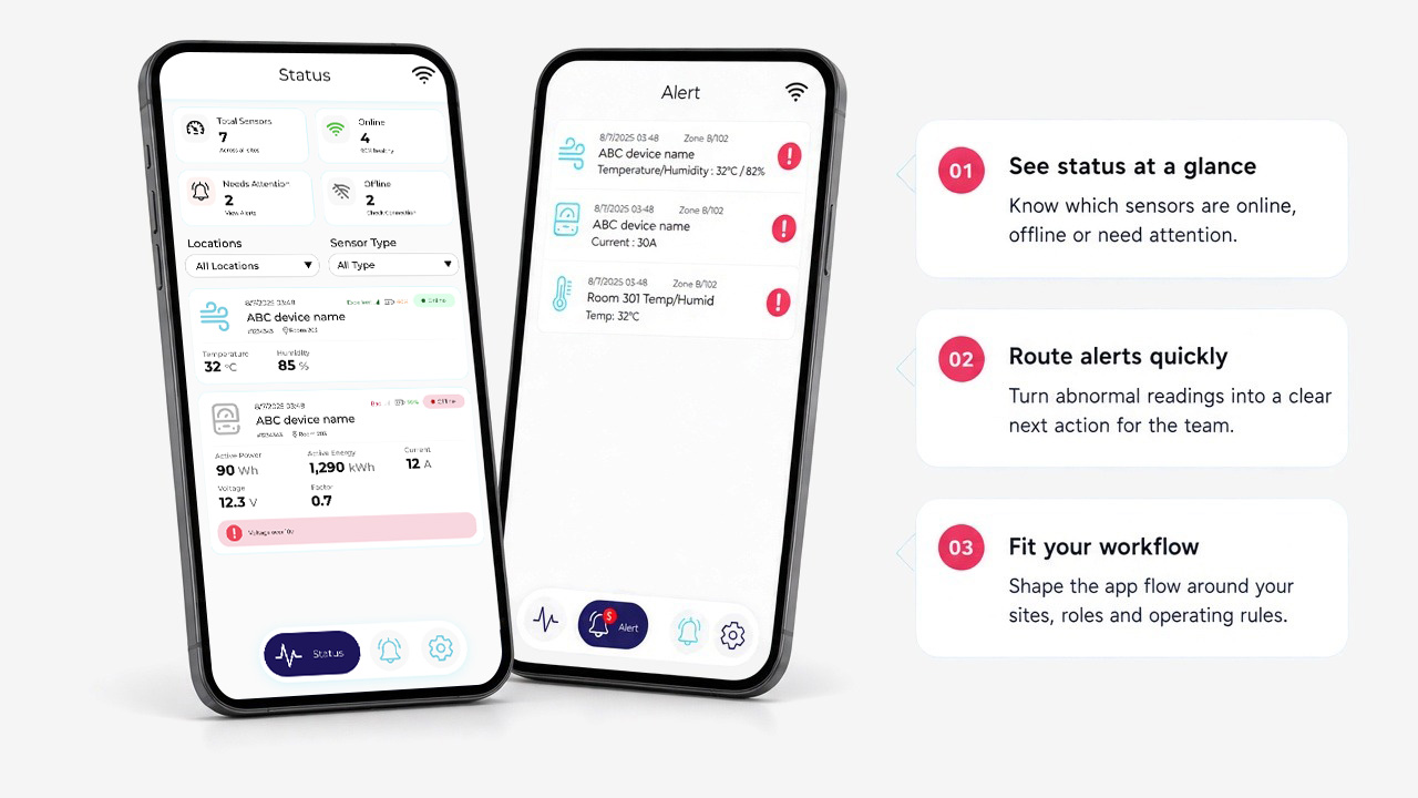 WSmart mobile app on phone — field status and alerts (illustrative UI)