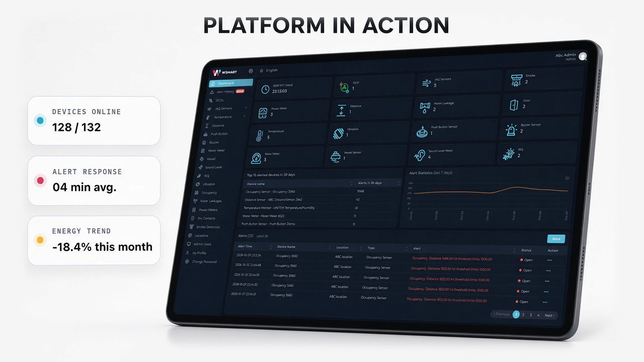 WSmart platform dashboard on tablet — overview, device health and alerts (illustrative UI)