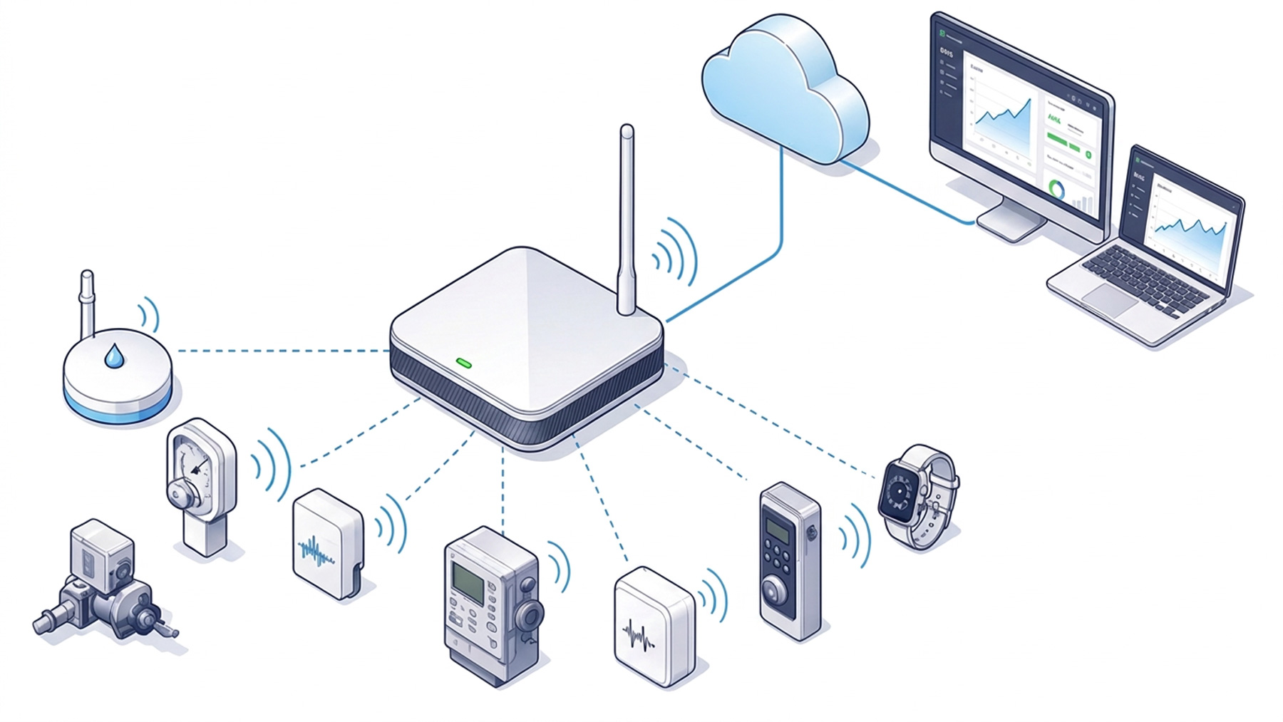 Navy line-art IoT flow: sensors to LoRaWAN gateway to cloud to dashboard computer with live metrics