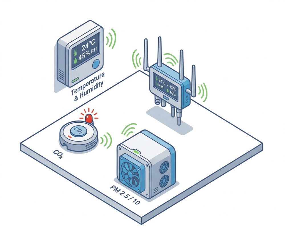 Indoor air-quality sensors for temperature, humidity, CO₂ and particulates with a wireless hub