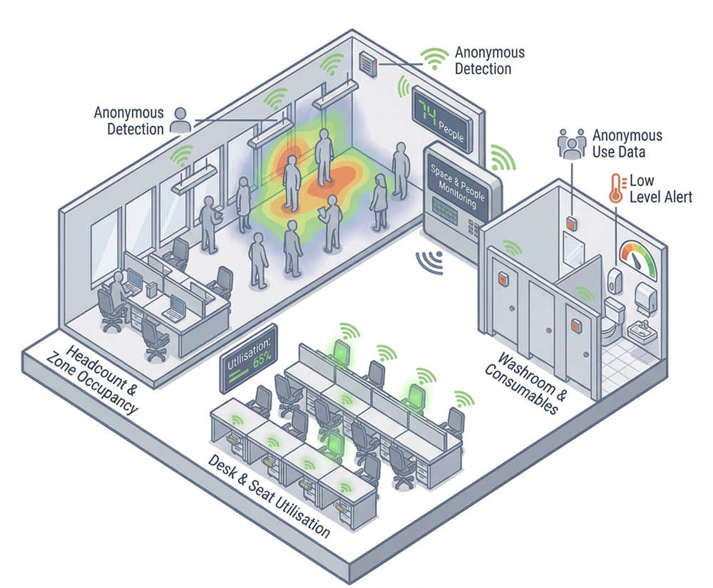Office occupancy heat map with desk utilisation and washroom/consumable sensors