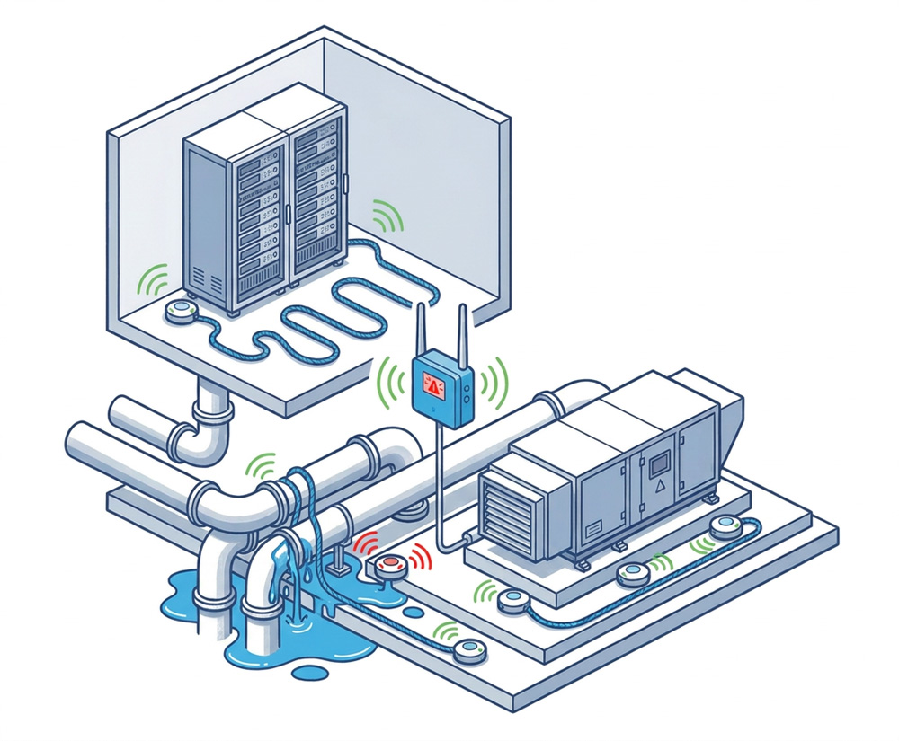 Water-leak rope sensors around servers, HVAC and pipes alerting through a gateway