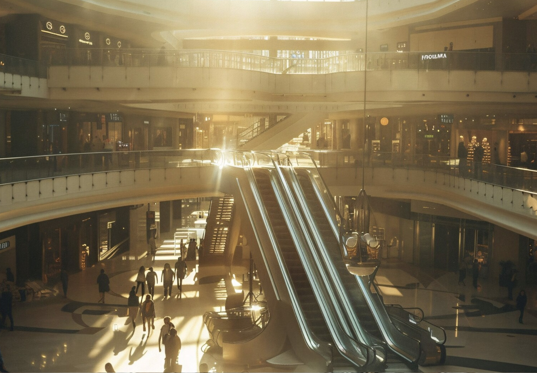 A bright, modern shopping mall atrium with multiple levels of retail storefronts